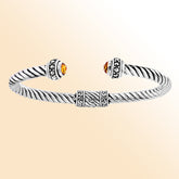 Handmade sterling silver Balinese cuff bangle with round citrine quartz and rope-style band